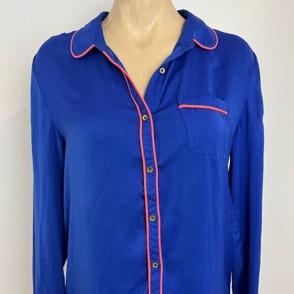 Miiyu Women’s Medium Blue Lounge Pajama Shirt Sleepwear Long Sleeve Button Up - Picture 2 of 9